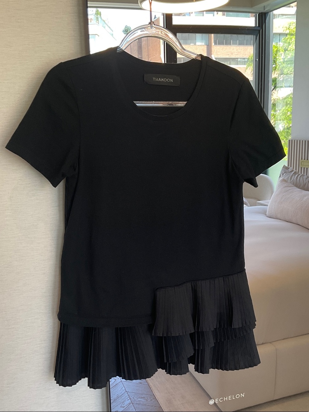 Thakoon Black Short Sleeve Top with Asymmetric Pleated Hem